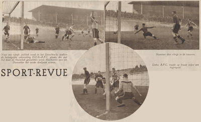 874757 Collage van 3 foto's betreffende de voetbalwedstrijd tussen D.O.S. (Utrecht) en A.F.C. (Amsterdam) in Stadion ...